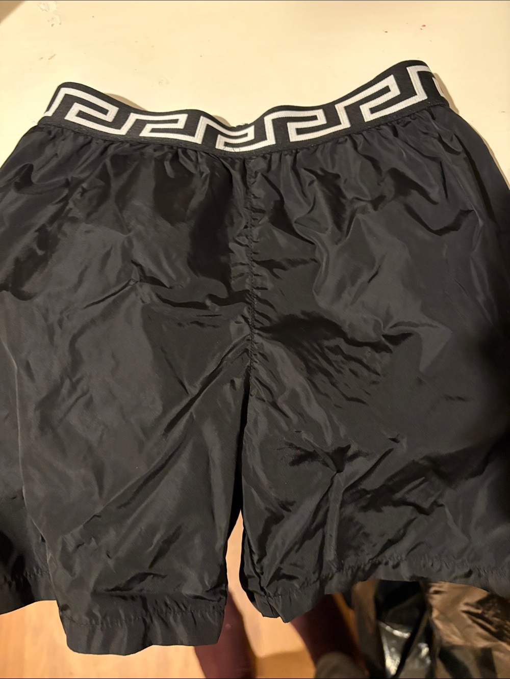 Versace Black Swim Trunks with Greek Key Waistband